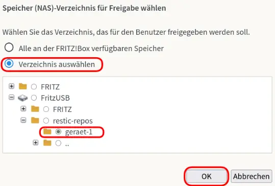 Ordner 'geraet-1' für Rechteverbabe auswählen