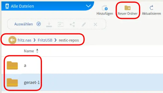 Button 'Neuer Ordner' in der Web-GUI des FRITZ!NAS