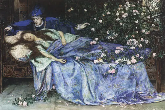 Schlafendes Dornröschen kurz bevor der Prinz sie küsst