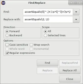 Screenshot des Find/Replace-Dialogs in Eclipse, gefüllt mit allen o.a. Werten